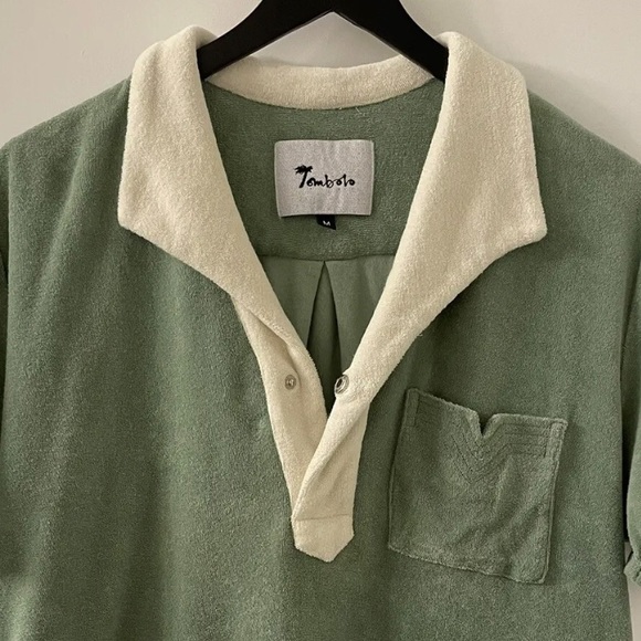 Tombolo Green White Cabana Terrycloth Toweling Polo Beach Shirt, Size Medium - Picture 5 of 6